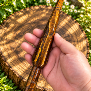 Punhal de Olho de Tigre com Suporte Dourado ✦ Cristal de Proteção, Coragem, Prosperidade e Poder Pessoal – 175g