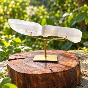 Faca de Selenita Branca com Suporte Dourado ✦ Cristal de Limpeza, Purificação e Proteção Energética – 322g