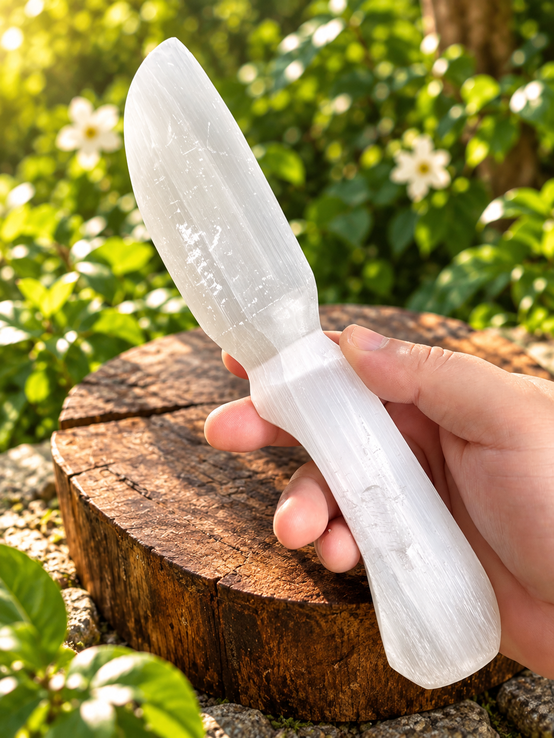 Faca de Selenita Branca com Suporte Dourado ✦ Cristal de Limpeza, Purificação e Proteção Energética – 322g - Imagem 3