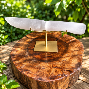 Faca de Selenita Branca com Suporte Dourado ✦ Cristal de Limpeza, Purificação e Proteção Energética – 279g